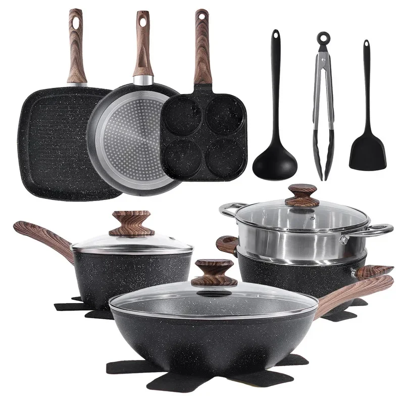 

17 Pcs Nonstick Pots and Pans, Non-toxic Kitchen Cooking Set with Stay-Cool Handles, Black