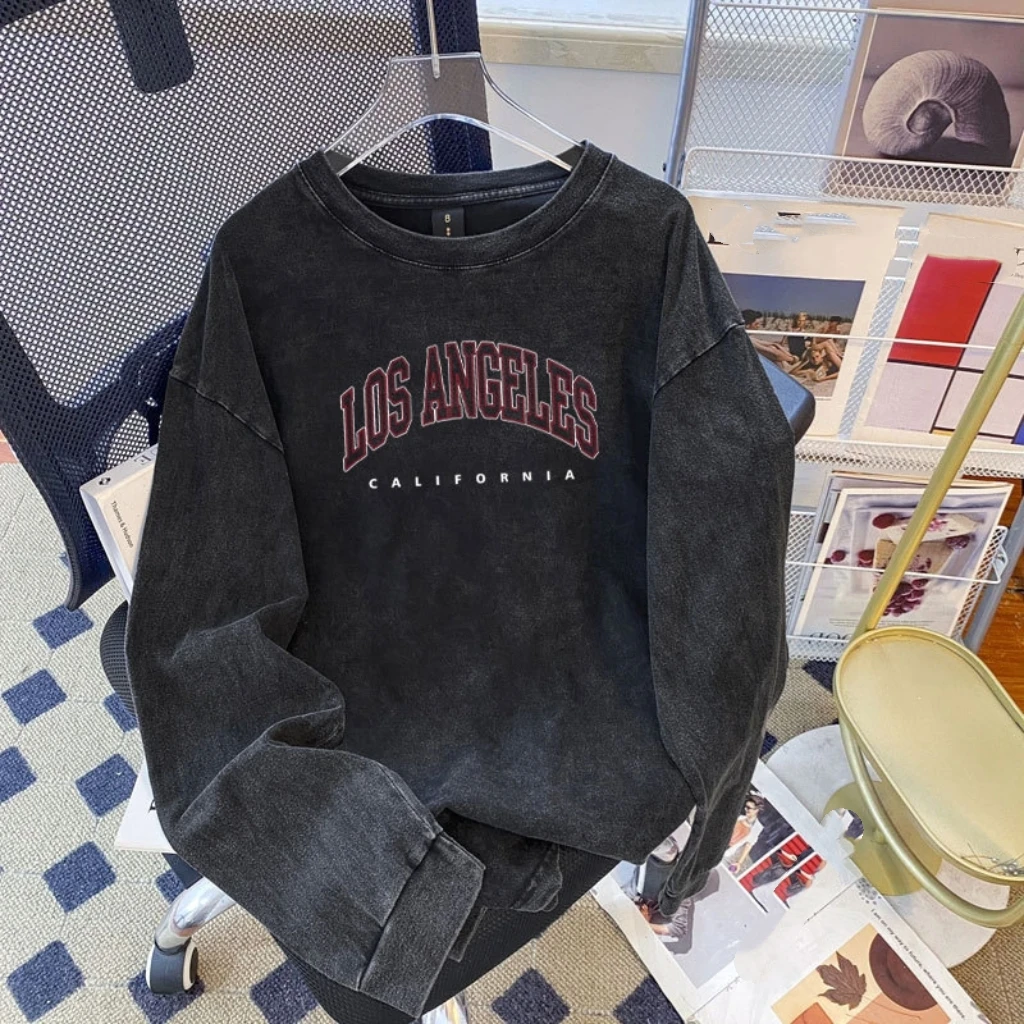 Faionable Loose Long Sve round Ne T-irt Cotton Casual Sle Worn-In Look Women's Autumn Top Printed Loose Top