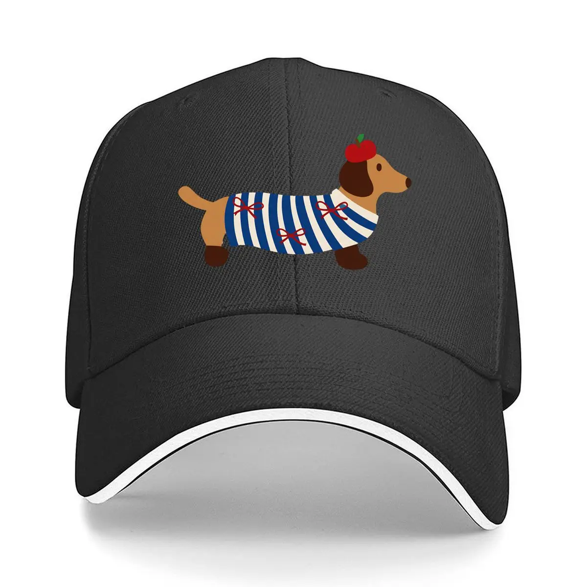 Blue White Striped Dog With Apple And Red Bows Illustration Hip Hop hat Fashion Outdoor Sports Sandwich Baseball Cap