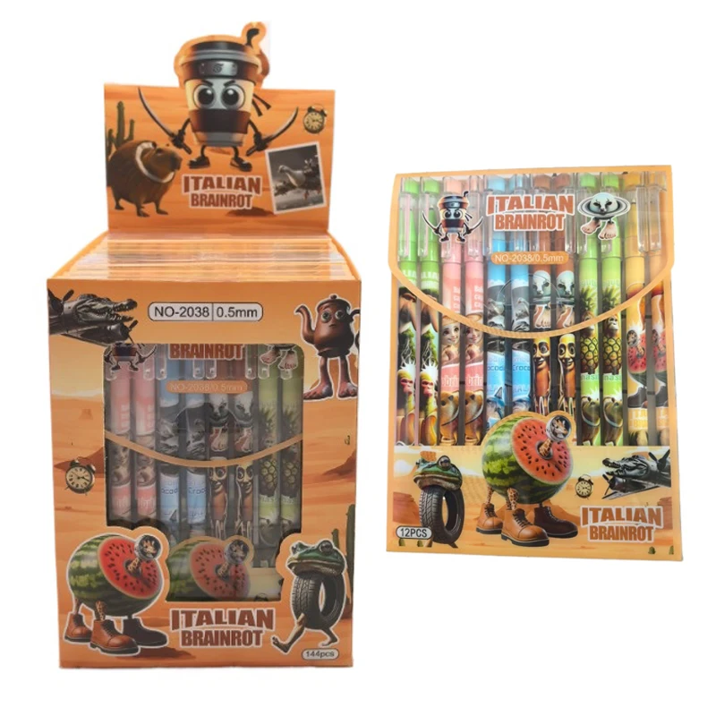 

12pcs Tung Tung Sahur Italian Brainrot Wooden Stick Gel Pen Cartoon Signature Pen Individually Packaged Student Stationery Gift