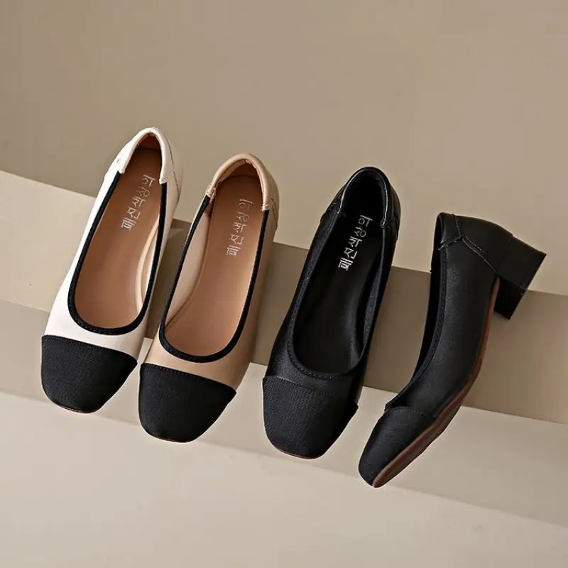 Spring Summer Women Flats Concise Elegant Square Toe Genuine Leather Mary Janes Shoes Woman Office Ladies Casual Comfort Pumps