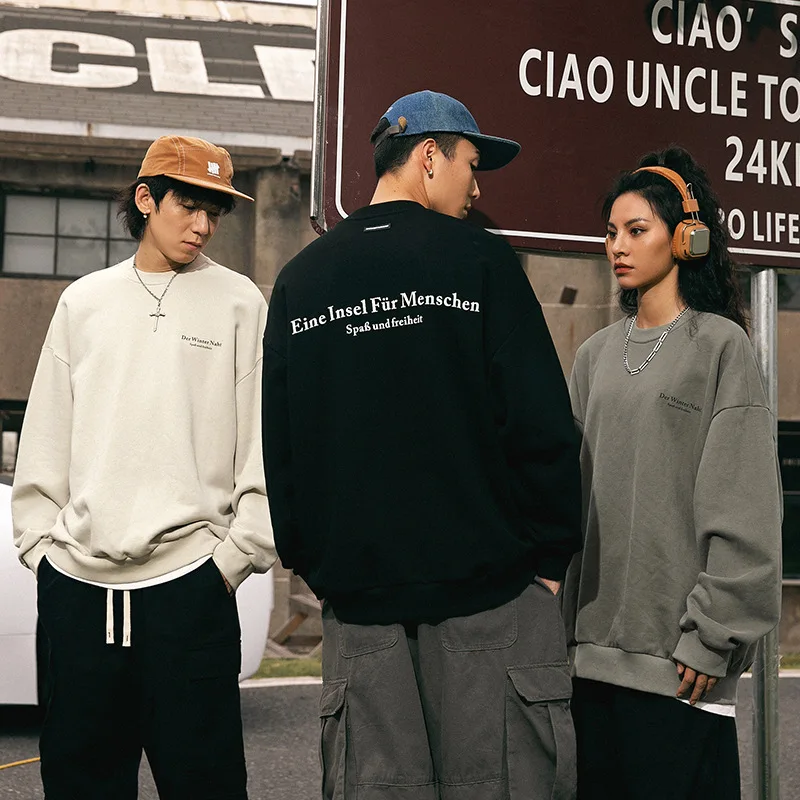 

Spring New Men's Retro Vibe Printed Crew Neck Hoodie Heavyweight Loose High Street INS-Style Unisex Couple Outerwear