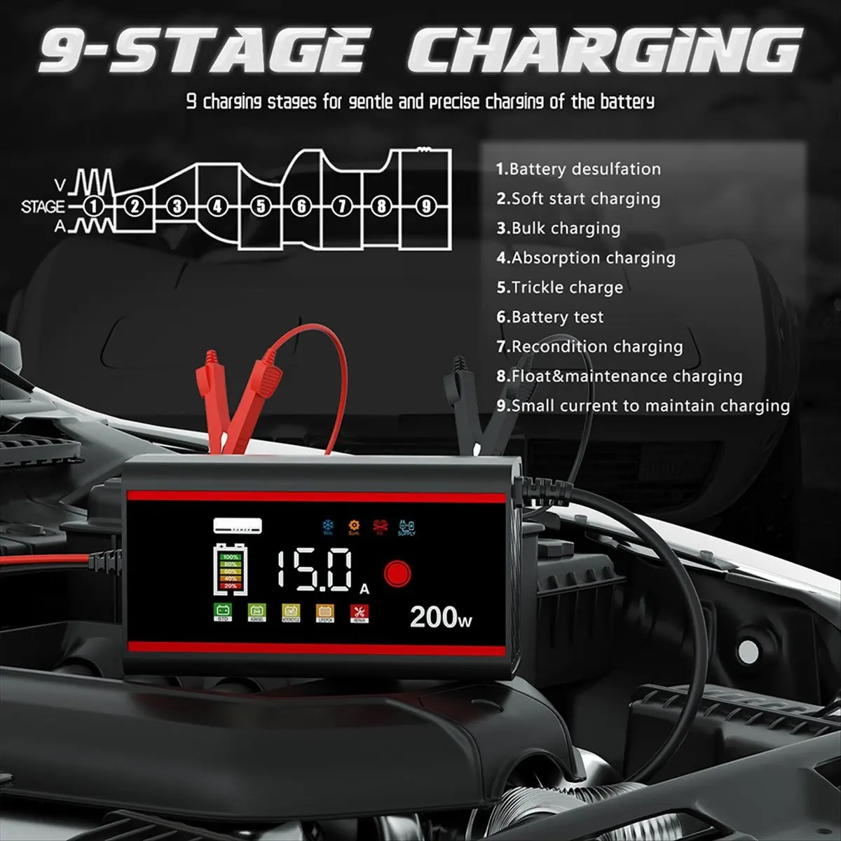 

Y69A 12V15A 200W Умное зарядное устройство для автомобильных и мотоциклетных аккумуляторов 12В LiFePO4, свинцово-кислотных АКБ, с функцией восстановления и ЖК-дисплеем (США)