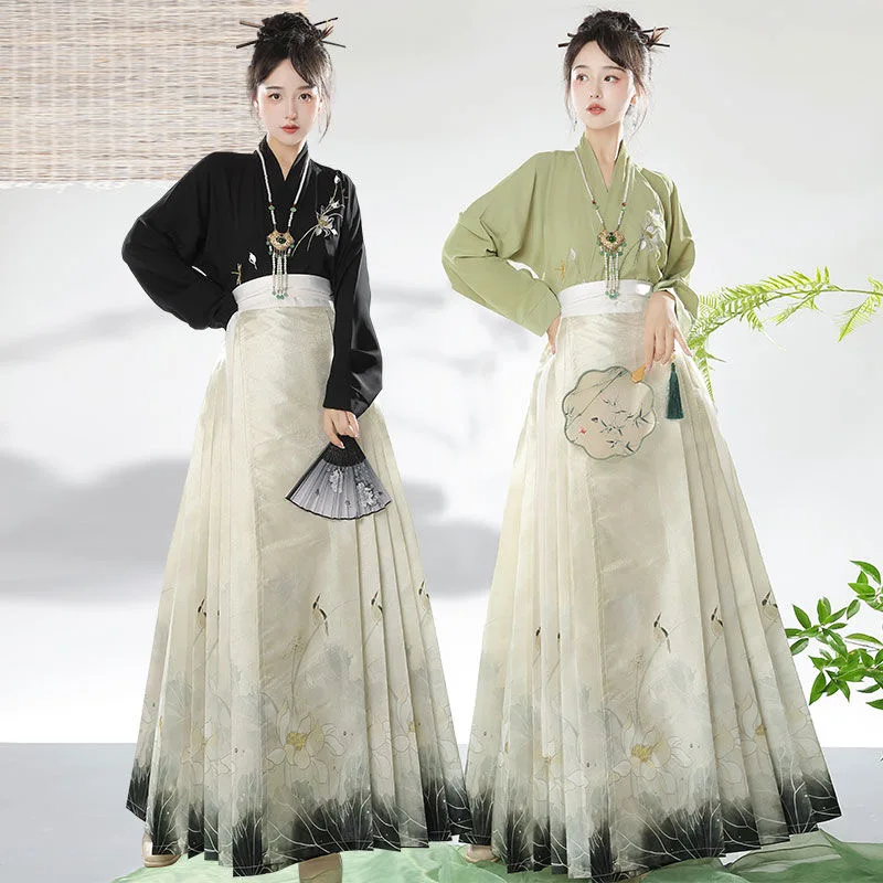 

Women Chinese Traditional Horse Face Skirt Hanfu Ming Dynasty Daily Horse Face Pony Skirt Blouse 2 Pieces Set Oriental Costume