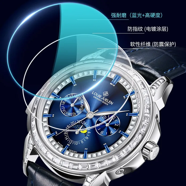 Stainless Steel New Full Diamond Six-Hands Moonphase Luminous Waterproof Genuine Leather Automatic Watch for Men