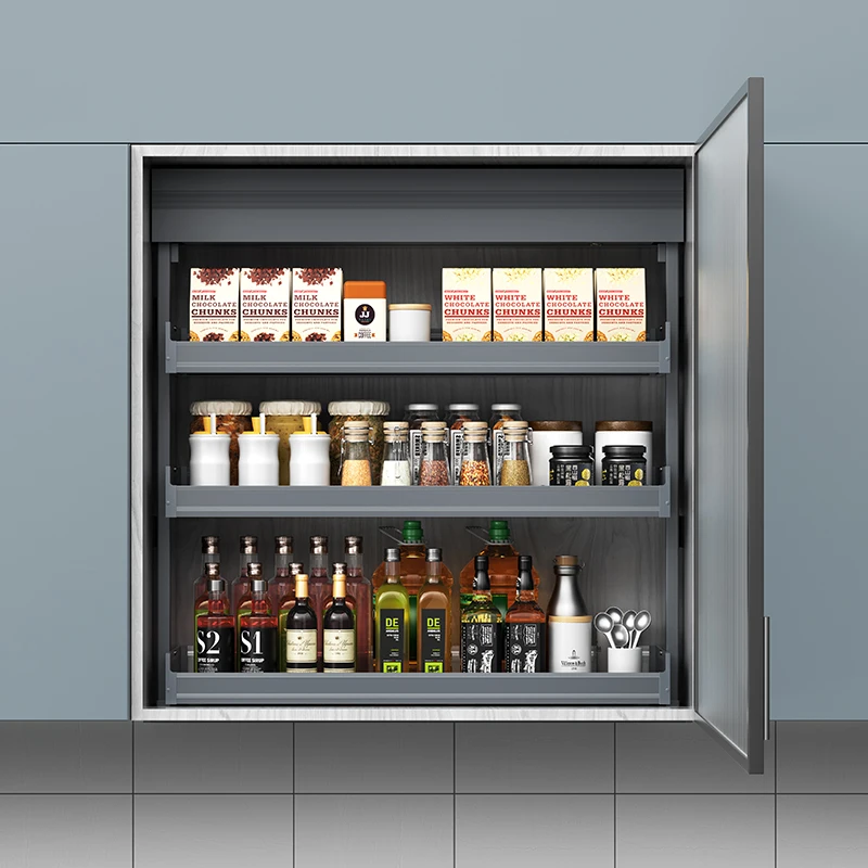 تاجر الجملة خزانة المطبخ الكهربائية تصميم مخصص الذكية رفع تخزين المطبخ 3 طبقات خزانة سلة الرفع التلقائي #4