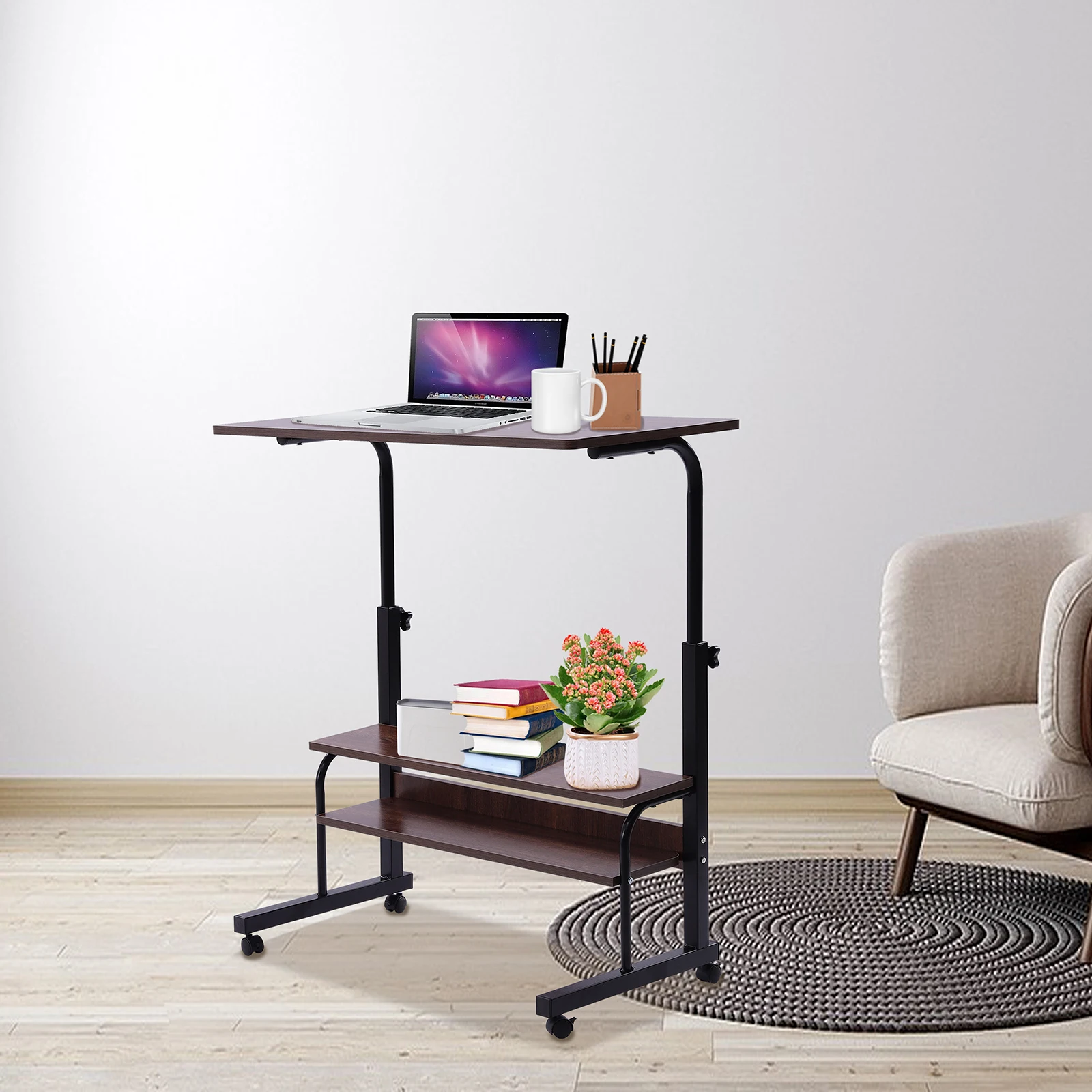 Mobile Side Table Laptop Desk Cart Tray Adjustable Rolling Sofa Table US
