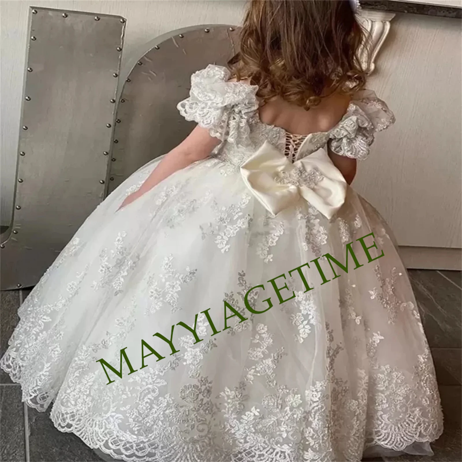 Vestido de niña de flores para boda, apliques de tul hinchados, Media manga, lentejuelas, volantes, primer vestido de fiesta de cumpleaños para niño