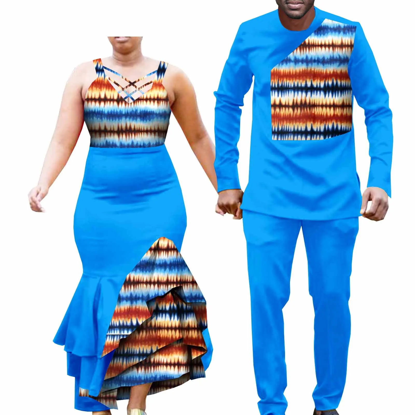 

African Couples Clothes Bazin Riche Women Ankara Long Dress Party Matching Men Top Shirts and Pants Sets African Print Clothing