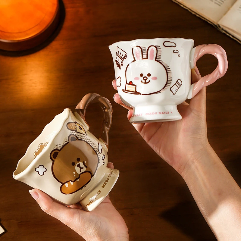 LINE FRIENDS Christmas Cute Brown Bear Fried Dough Twists Braid Ceramic Cup Home Breakfast Cup Office Milk Cup Christmas Gifts