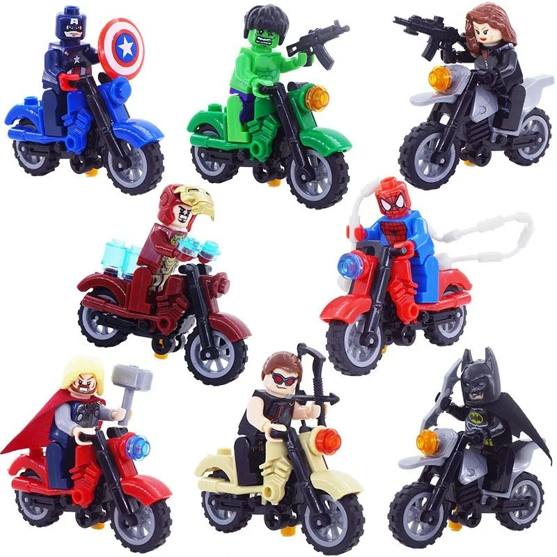 

Cross-border wholesale hero riding motorcycle building block figure set small particle mosaic super doll toy bag