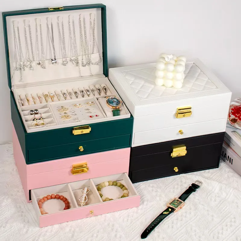 

1Pc/Large-Capacity Modern Light Luxury Jewelry Box with Drawer and Lock, Anti-Oxidation Storage Box for Necklaces and Earrings