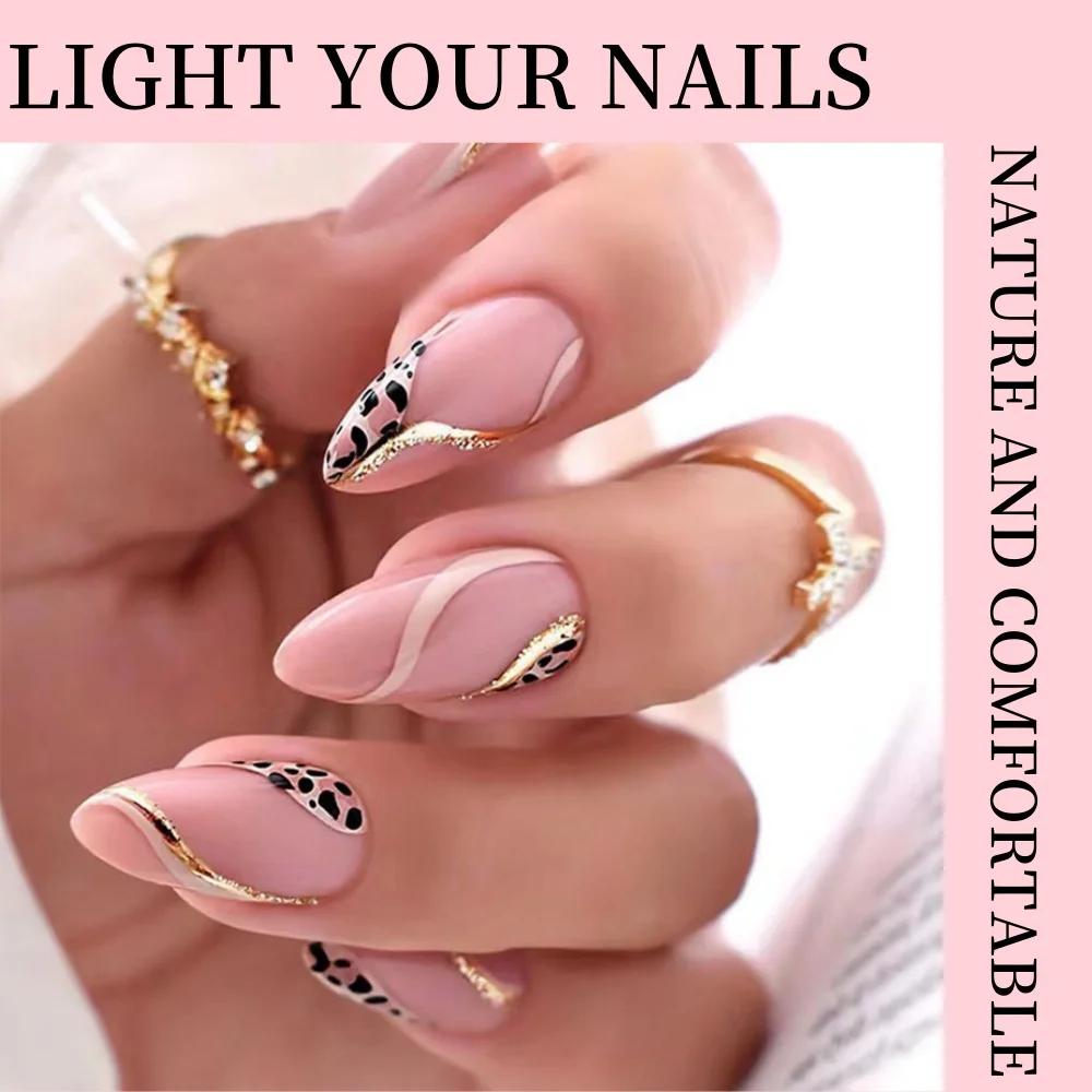 

Water Ripple Leopard Print Gold Border Wearing Armor Almond Shaped Pure Wild Style Beautiful French Series Color Blocked Nail