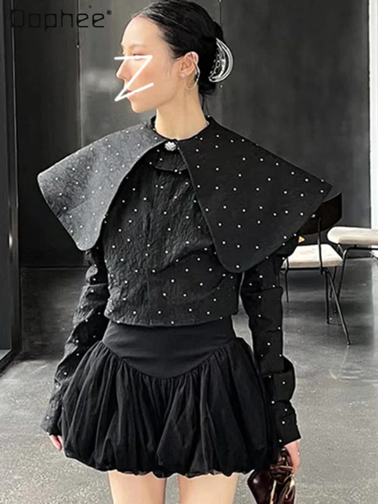 

High-end Cape Collar Polka Dot Blouse for Women Fashion 2023 Autumn and Winter New Texture Single-Breasted Long Sleeve Short Top