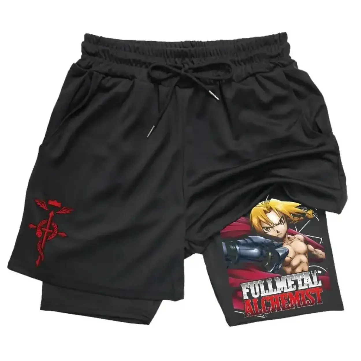 2-in-1-Shorts für Fitnessstudio, Boxen, Laufen, schnell trocknende Strandshorts, Steel Alchemist Anime, Herren-Sportshorts, bedruckt, doppellagig