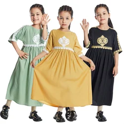 Ramadan Muslim Children Abaya Girl Summer Dress Applique Long Robe Gowns Kimono Half Sleeve Middle East Arab Islamic Clothing