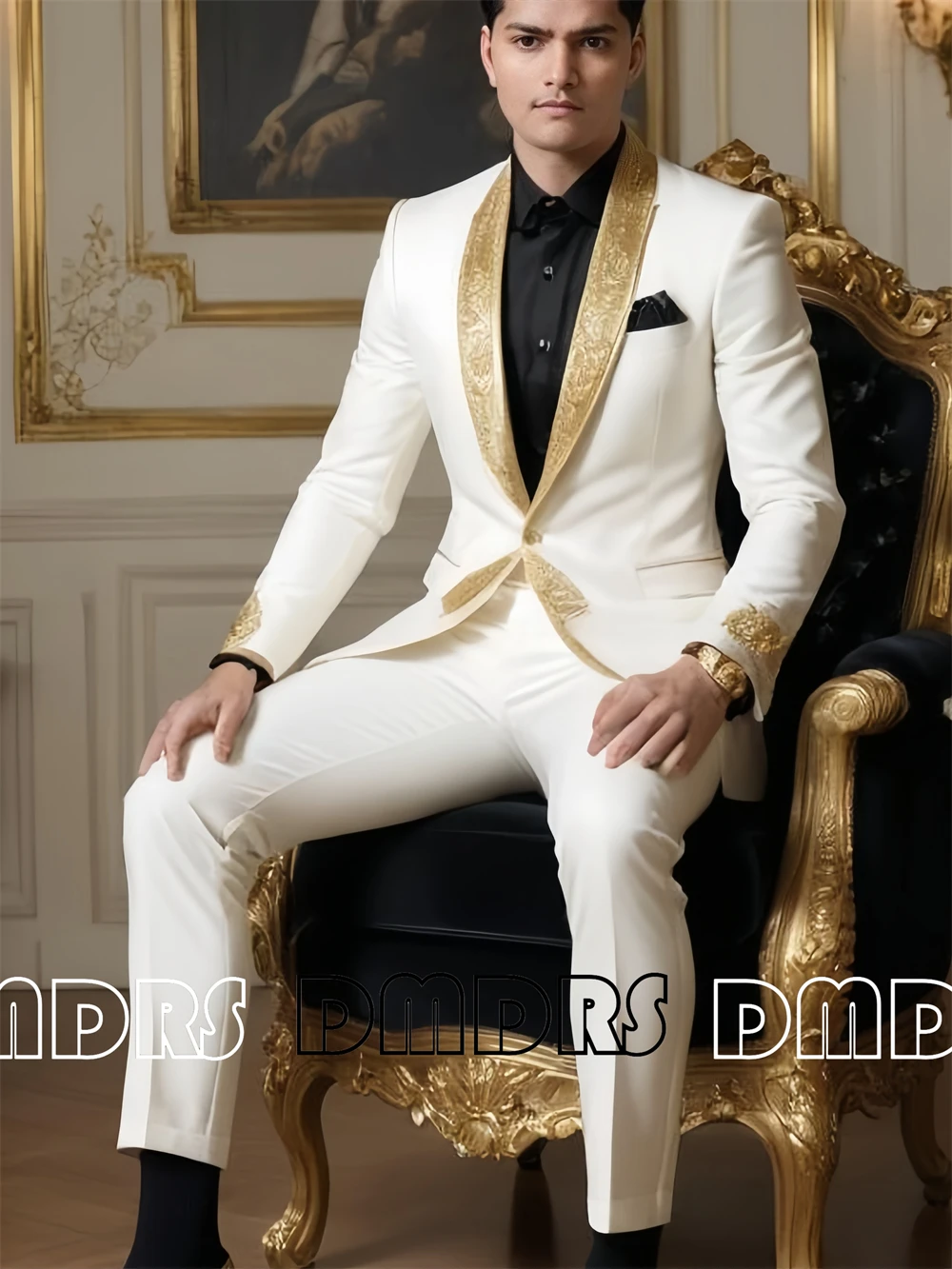 

Gold Lace Wedding Suit for Groom and Groomsman, Custom Fit Slim Fit Formal Suit Jacket Pants, Dinner Evening Tuxedo Outfit