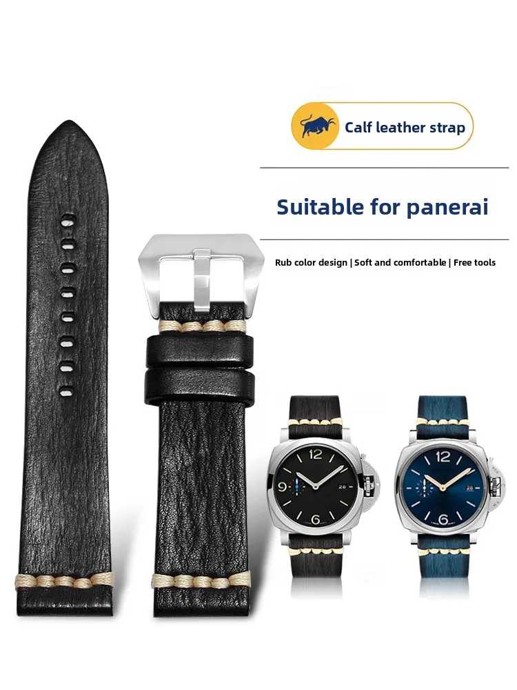Polished Calfskin Watch Strap for Men, Suitable for Panerai Lumino PAM441 Duer, Stealth Series 22/24mm