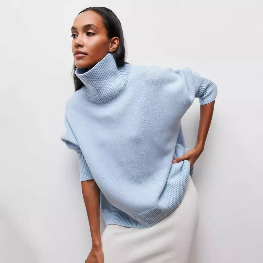 Autumn Winter Women's Pullover Sweater Solid Color Simple Casual High Neck Long Sleeve Knitte Sweaters Female Commuting Clothing