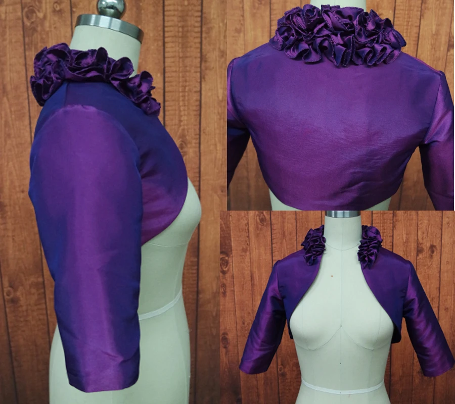 Ruffles Flowers Three Quarters Sleeve Wedding Jacket Bridal Taffeta Purple Bolero Jackets Party Shrug