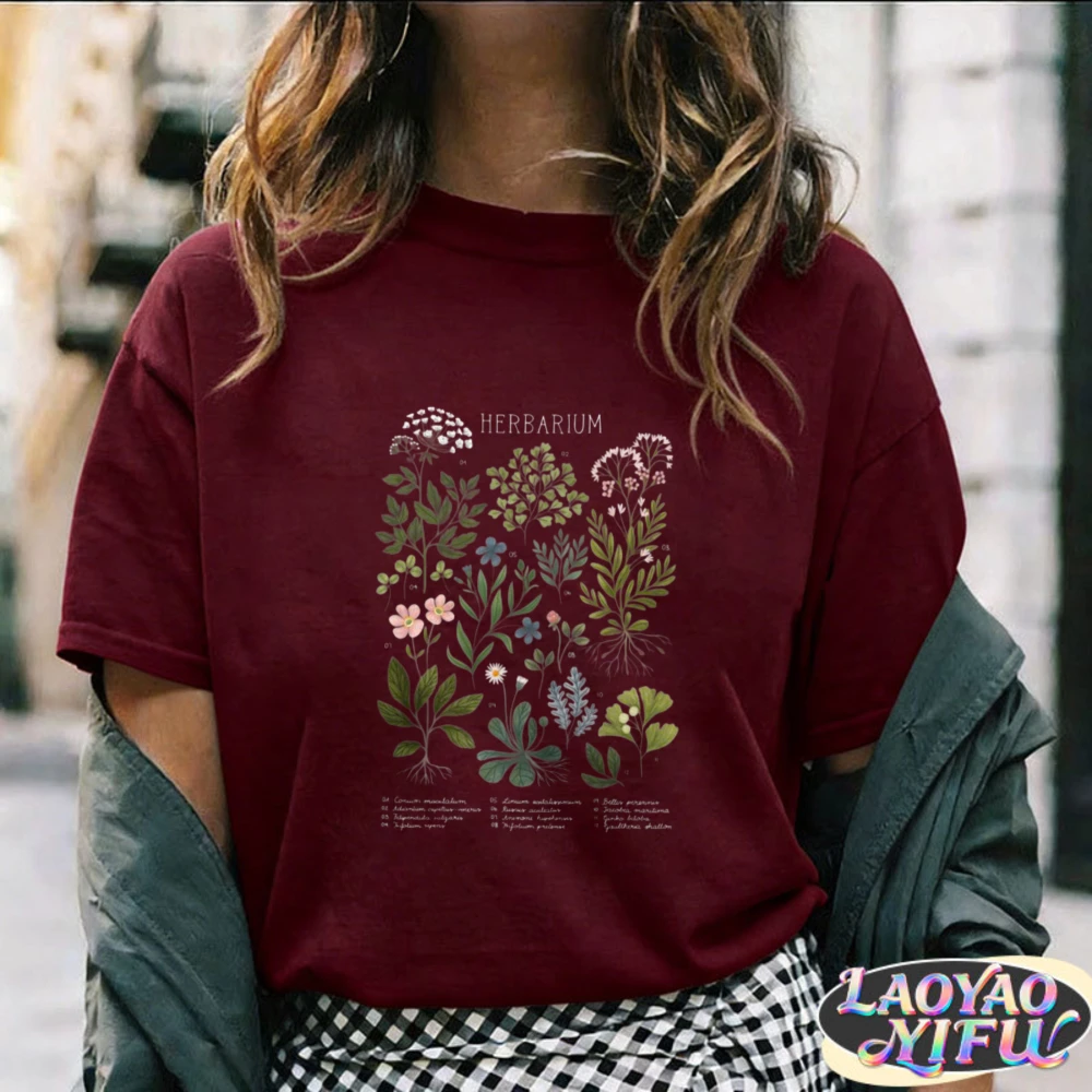 Vintage Herbarium Botany Unisex Tee Fashion Cotton T‑shirt Dark Cottagecore Top Botanical Specimen Motif Plant Lovers Casual Tee