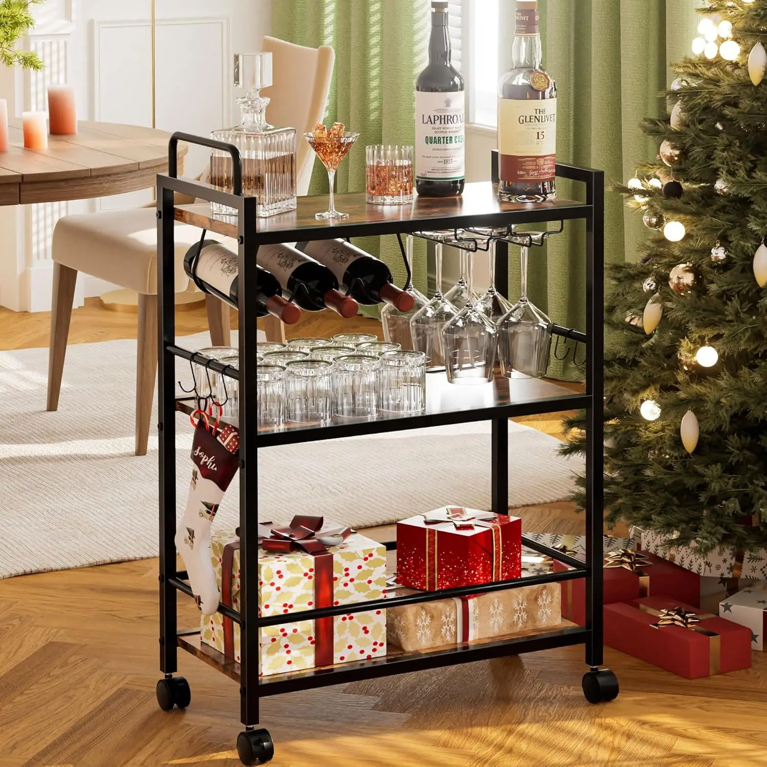 

Rustic Brown and Black Rolling Bar Cart with Wine Rack, Glass Holder for Home Kitchen Dining Room