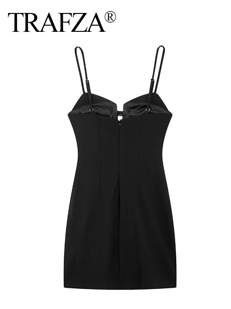 TRAFZA 2024 New Female Dress Black V Neck Sleeveless Backless Slim Mini Zipper Summer Mini Dressses Chic Party Woman Sexy Dress