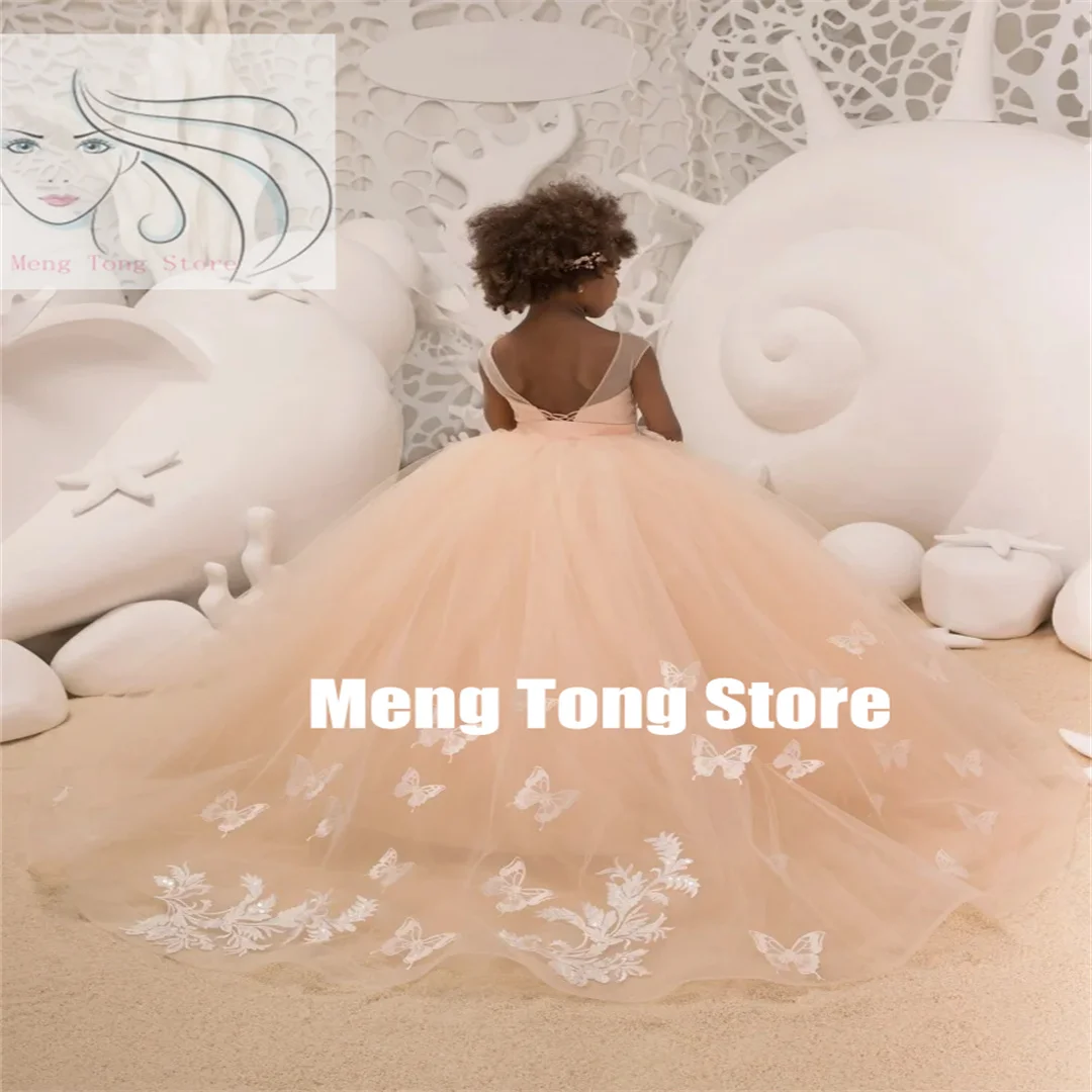 Flower Girl Dresses Tulle White Flory Butterfly Flory With Tailing Sleeveless For Wedding Birthday First Communion Gowns