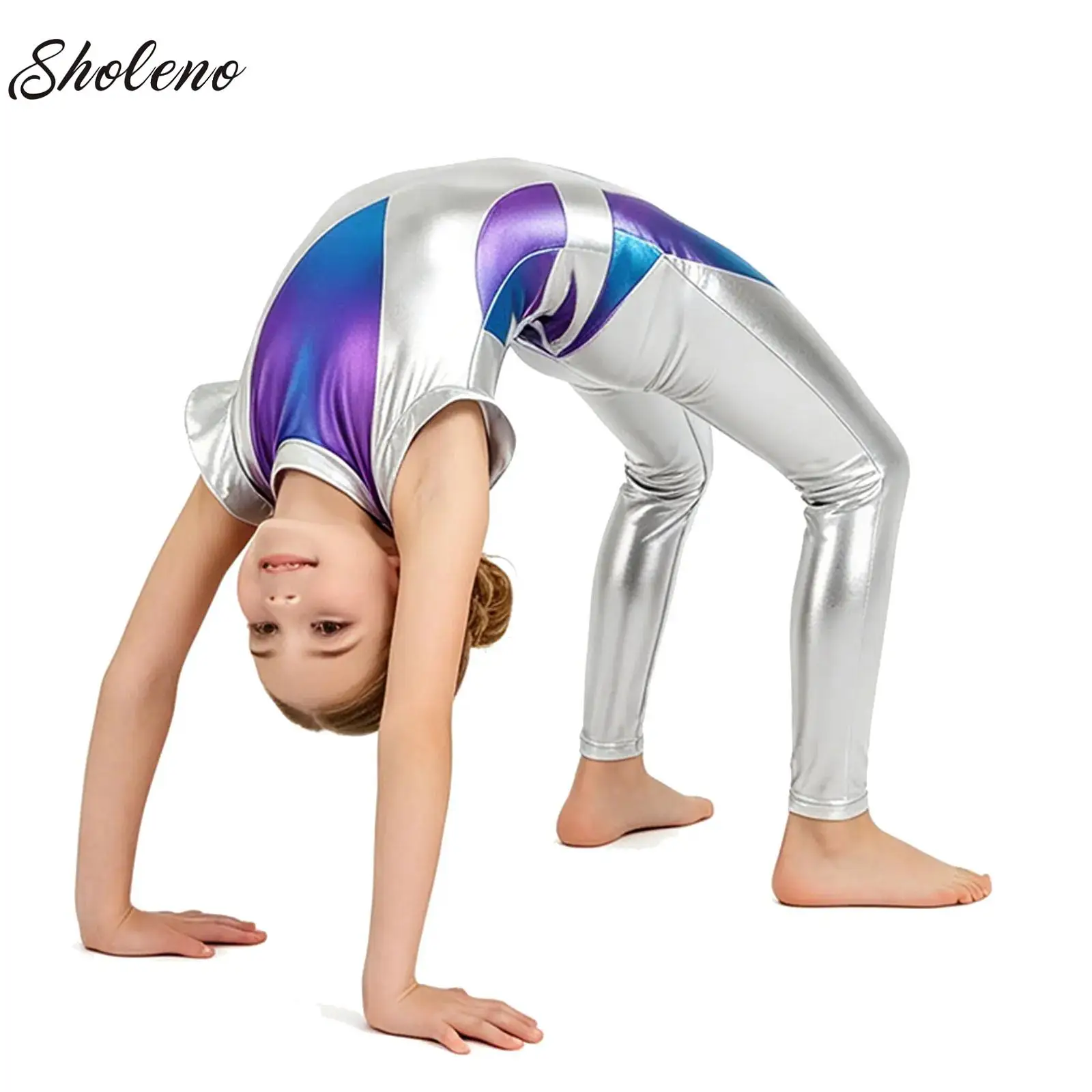 

Kids Girls Metallic Color Block Jumpsuit Fly Sleeve Zipper Shiny Bodysuit Ballet Dance Skating Gymnastics Leotard Unitards