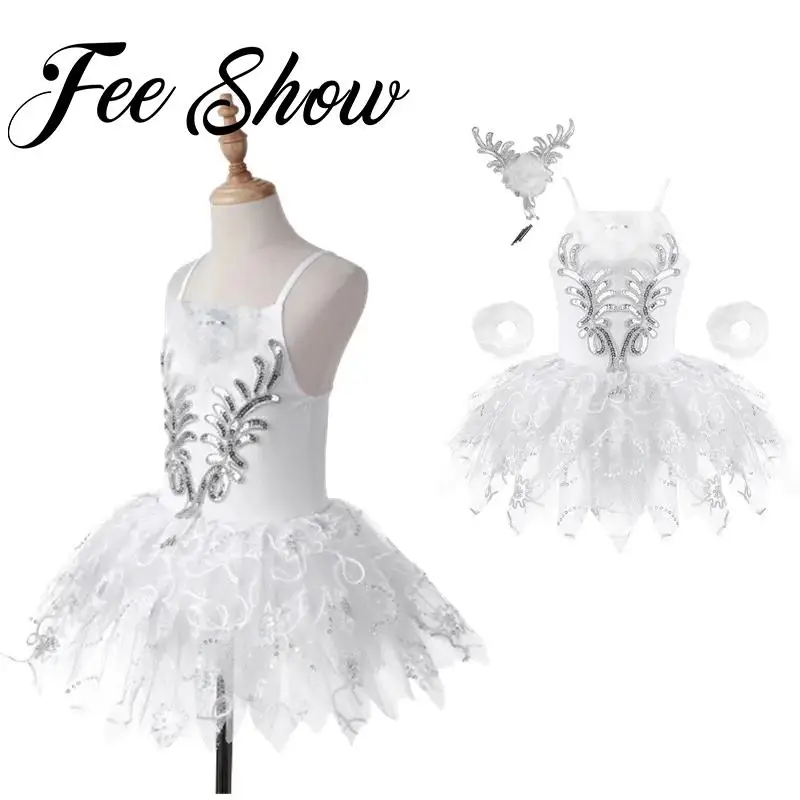 

Children Girls Ballet Tutu Dress Sparkling Sequins Ballerina Professional Dance of The Little Swans Dress+Bracelets Headwear Set