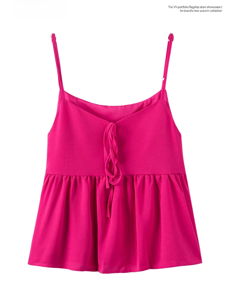 핫 핑크 스트랩 쉬폰 크롭 탑 여성 여름 새 스타일 도파민 패션 짧은 섹시한 탑 통근 스타일 솔리드 컬러