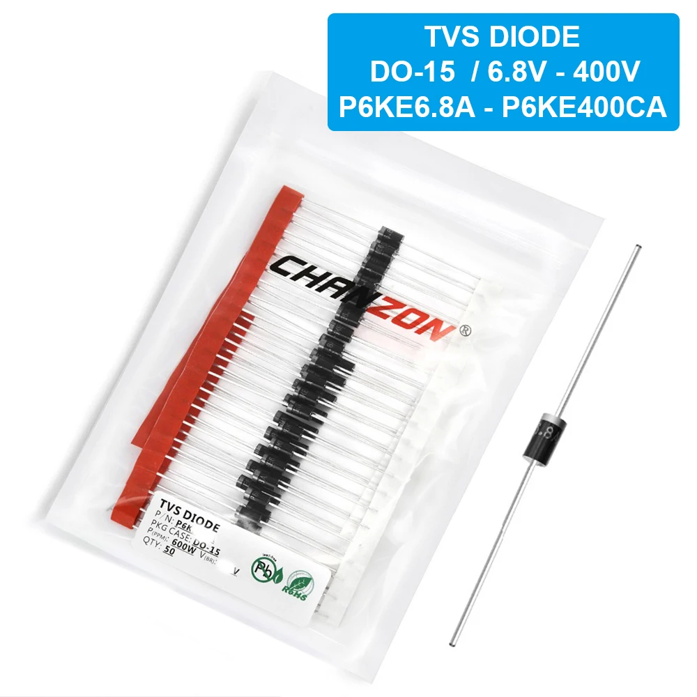 50Pcs/Pack TVS Diode DO-15 600W 6.8V - 400V P6KE6.8A P6KE12A P6KE15A P6KE18A P6KE24A P6KE51A P6KE100A P6KE180A P6KE200A P6KE400A