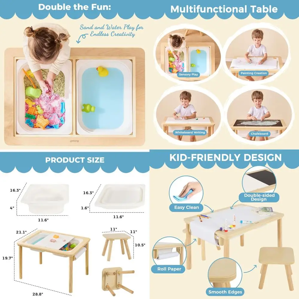 

Двусторонний деревянный стол для малышей с 2 стульями, ящиками для хранения и рулонной бумагой для детей 1-3 лет — игра в песок и воде