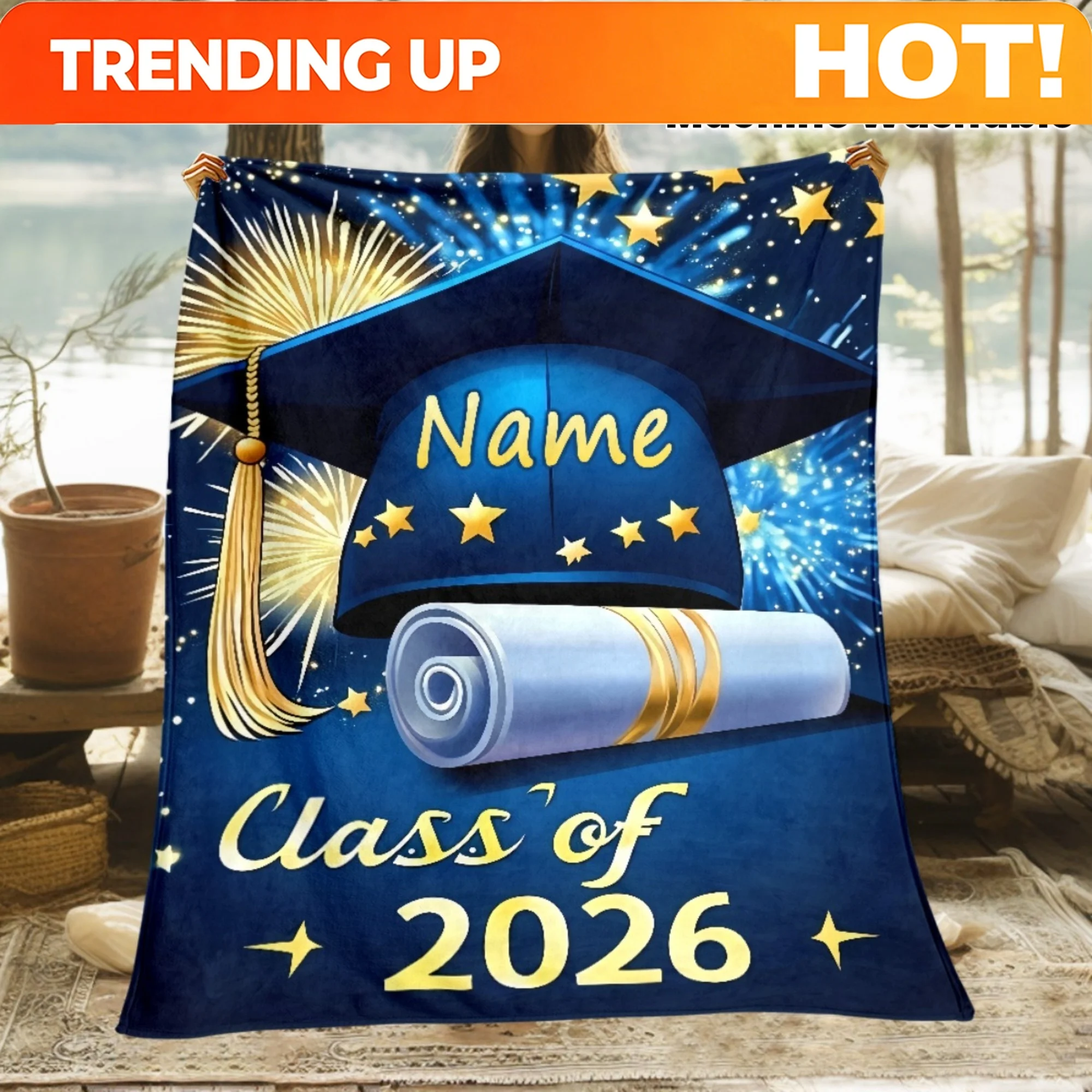 Customize A Personalized Graduation Blanket with a Name for The Class of 2026 - Lightweight Flannel Throw - Decorative Tapestry,