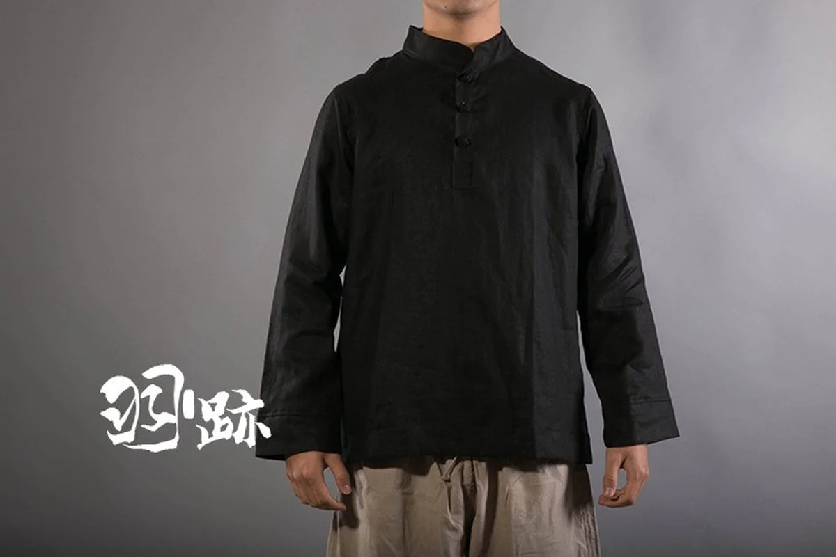 Linen Stand Collar Buckle Men's Shirt Men's Chinese Loose Long Sleeve Pullover Top Ethnic Dress