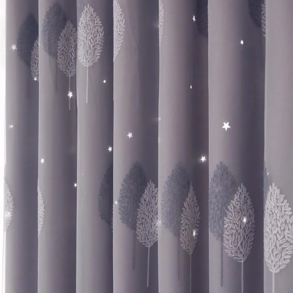 1 Panel 140cm Width Double Layer Curtain for Living Room Double Color Tree Embroidered Curtain Hollow Out Star Shaped Curtain