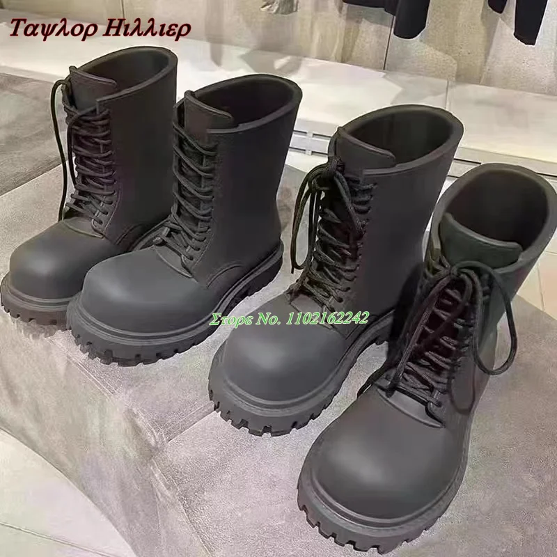 New Black Motorcycle Boots Genuine Leather Round Toe Thick Sole Strap Short Boots Catwalk Versatile And Comfortable Couple Boots