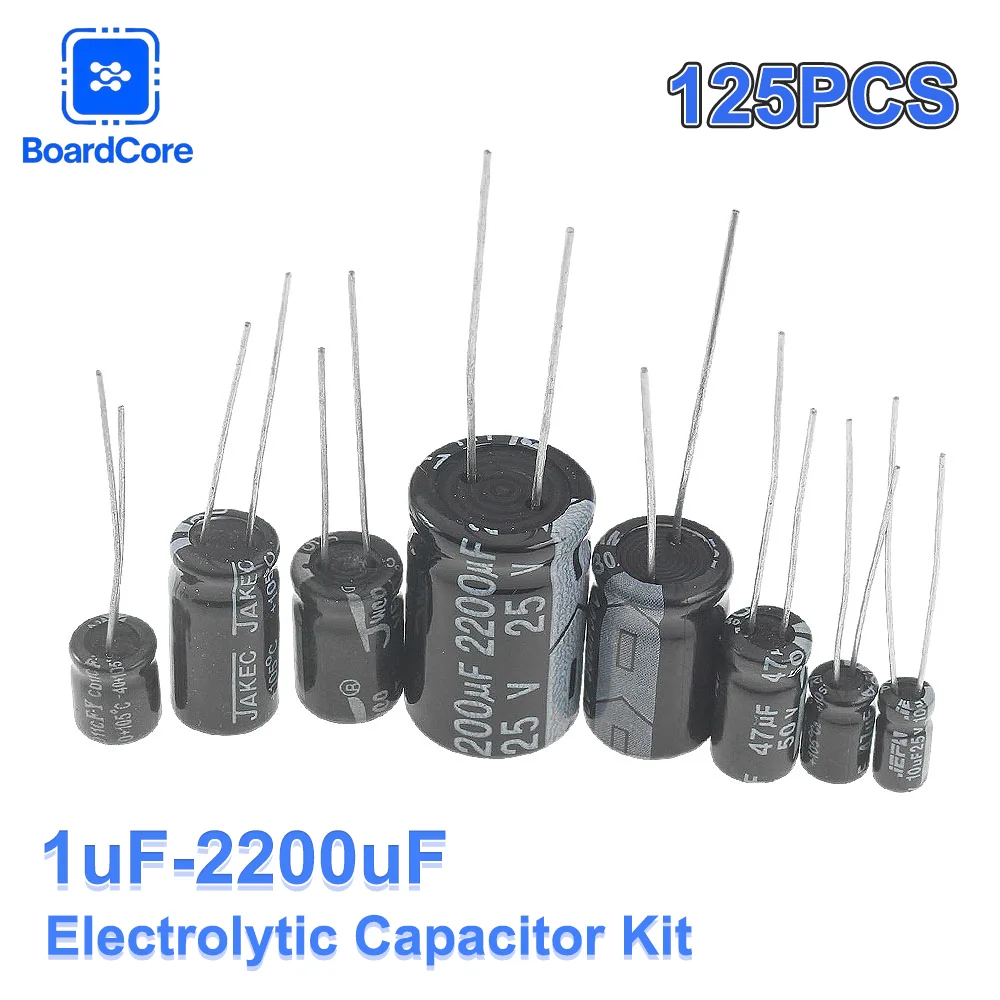125PCS Electrolytic Capacitor Assortment Kit 25 Values 1μF-2200μF 16V/25V/50V for DIY Electronics Repair Instruments
