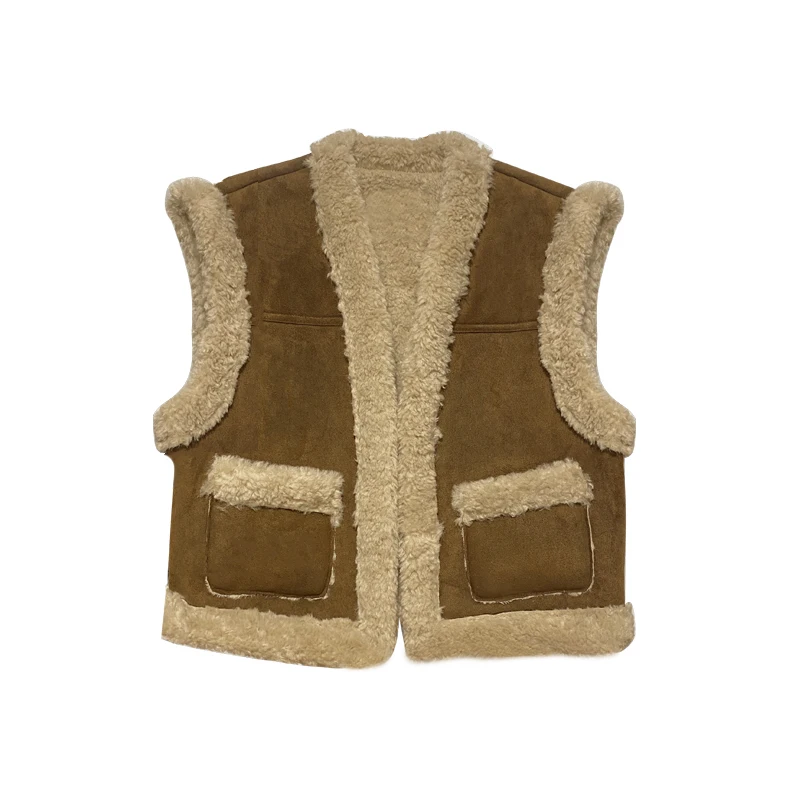 

Thiened ort Lamb Fur Vest Ifbeer Retro Suede eepskin Jaet Inteated Leather And Fur Loose Women's Autumn Winter Coat