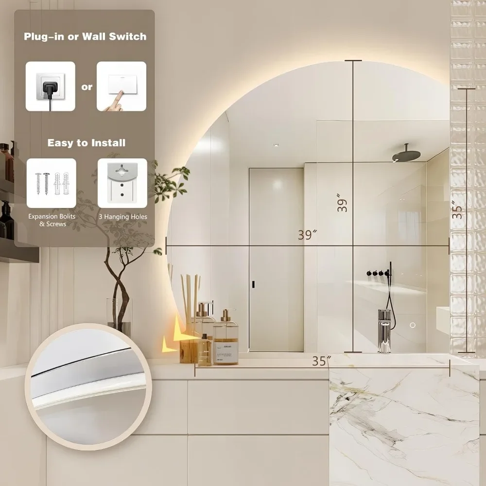 Half Moon Led Mirror for Bathroom, Semicircl Backlit Frameless Vanity Mirror with Lights,Dimmable Anti-Fog Smart Mirror