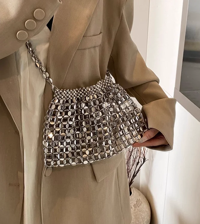 

Silver Sequin Hollow Woven Bag Handmade Bead Crossbody Bag