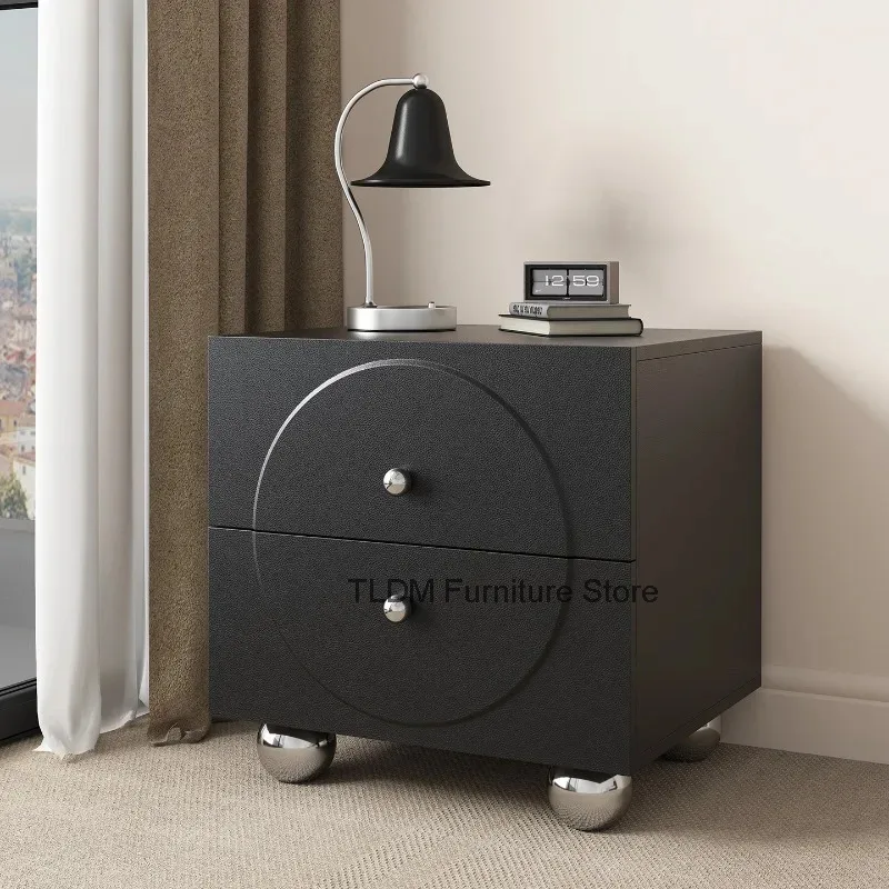 Embossed Circular Pattern Nightstand, Round Metallic Knobs and Sphere Shape Feet, Modern Bedside Storage Cabinet for Bedroom