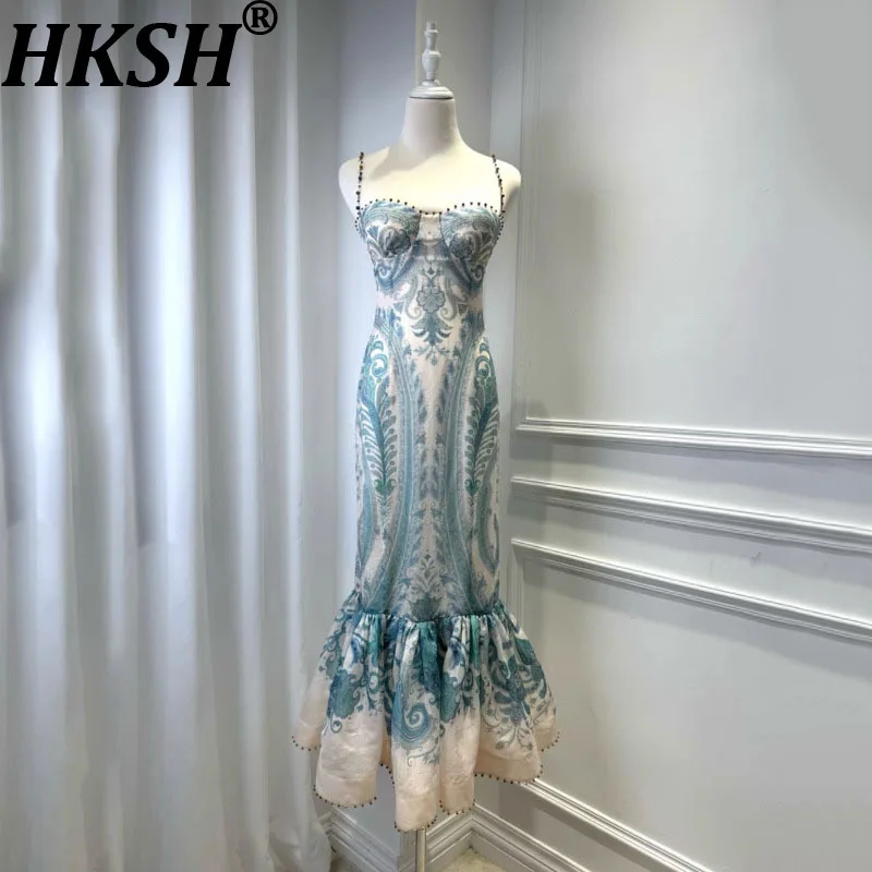 

HKSH Summer New Women's Vacation Style Elegant Fashion Stylish Casual Ins Printed Strap Waist Cinching Long Mermaid Dress HK7788