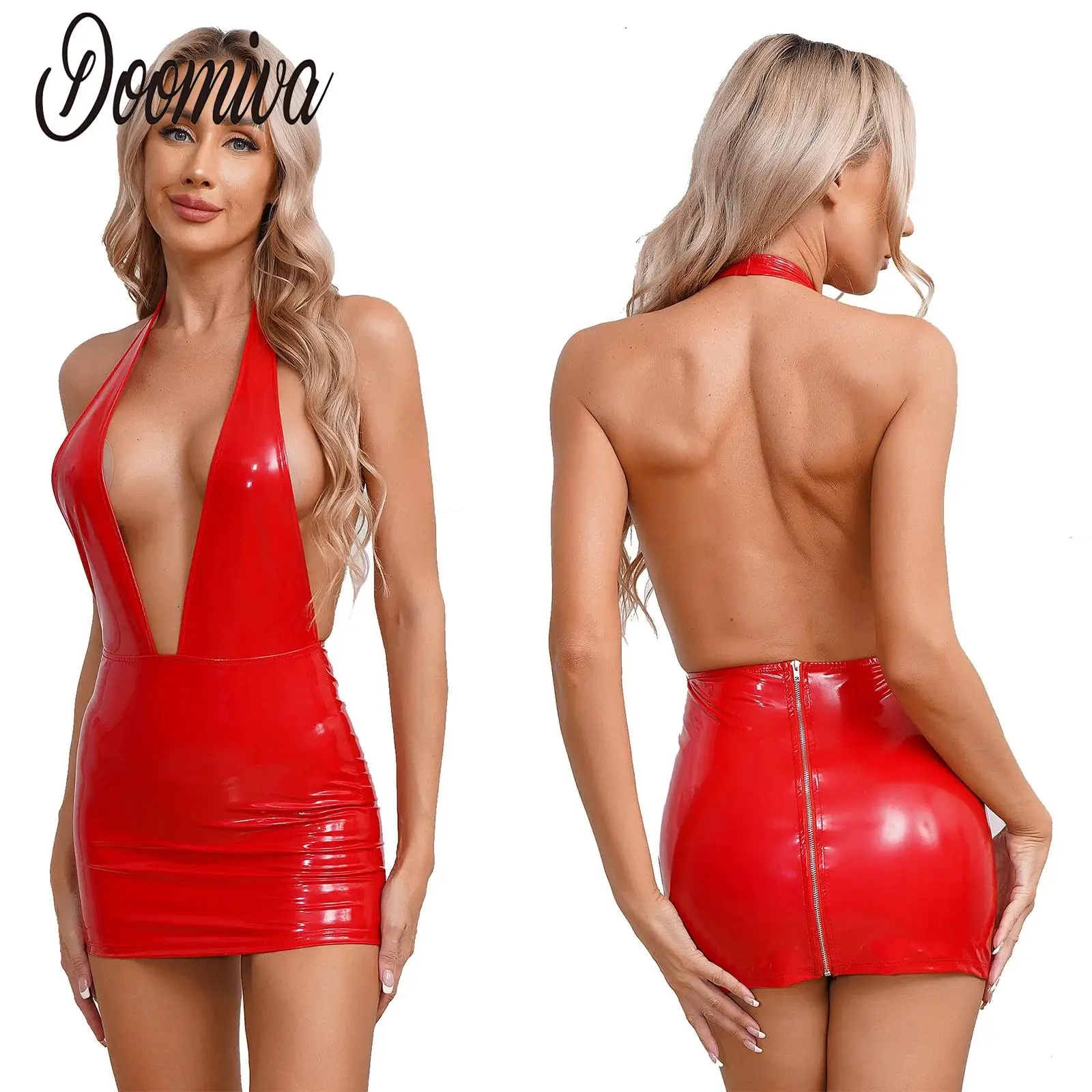 

Women Wet Look Patent Leather Mini Dress Rave Dance Party Halter Plunging V Neck Backless Bodycon Dress Sexy Hot Night Clubwear