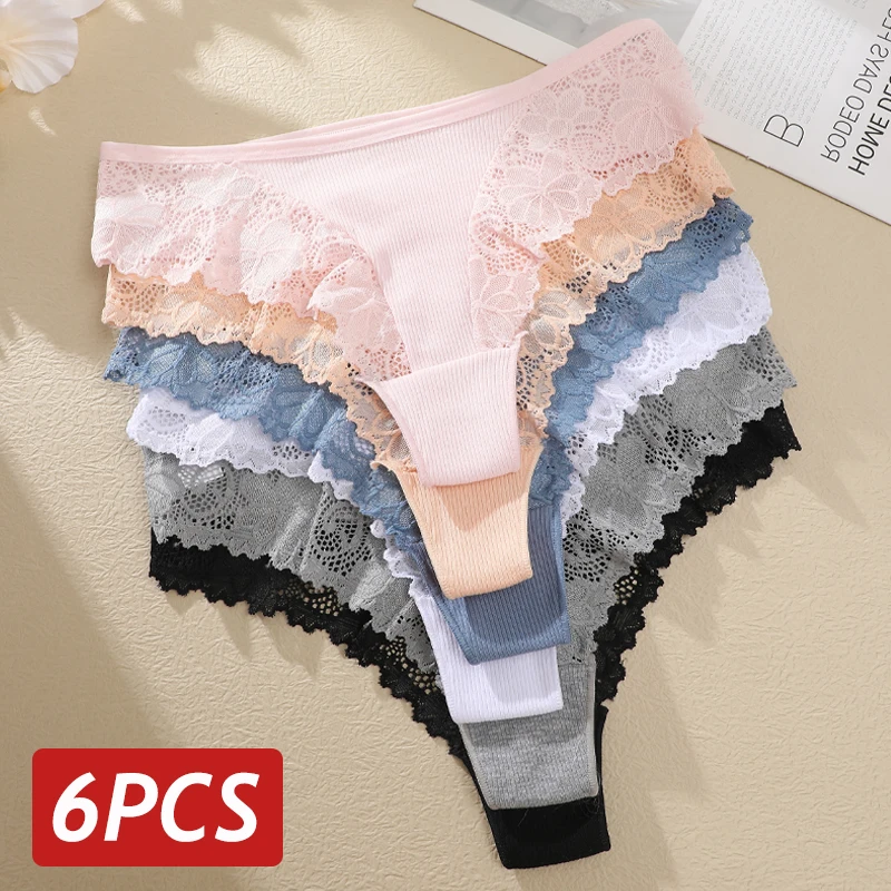 6PCS/Set Women Sexy Lace Panties Cotton Underwear Female Low Rise G-String Underpants Ladies Intimates Lingerie S-XL Solid Color