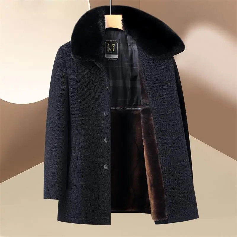 

Winter middle-aged woolen overcoat, men's mid-length dad's style, Chenille, middle-aged and elderly lapel, fleece and thickened