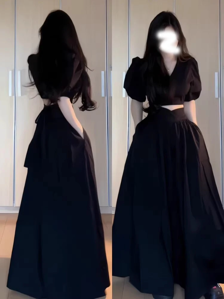 

Летний винтажный комплект Hepburn Sle Bla Bubble Sve Dr, женский комплект из двух предметов с открытой талией, длинная модная повседневная одежда Dr