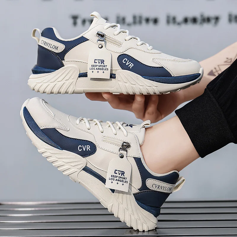 Men Autumn Casual Sneakers Synthetic Leather Non‑Slip Thick Sole Fashion Sports Shoes Side Zipper Daily Walking Footwear 39‑44