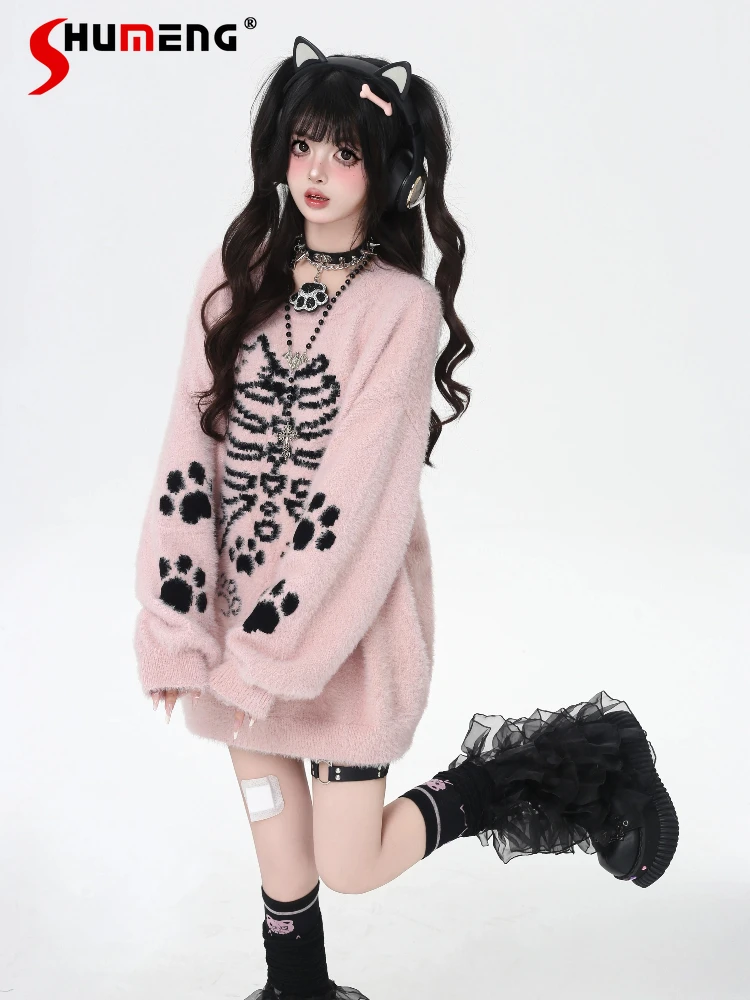 

Оригинальный японский милый милый мягкий вязаный свитер для девочек Y2K, топы с круглым вырезом и длинными рукавами, свободный повседневный трикотаж, пуловер для женщин