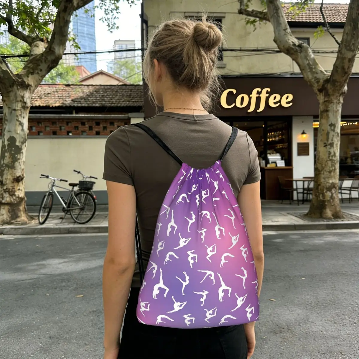 Dance Rhythmic Gymnastics Pattern Backpacks Casual Drawstring Bundle Pocket Sports Bag Book Bags for Man Woman School